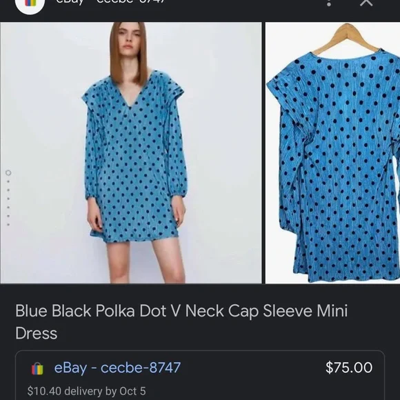 Zara Dresses Blue Black Polka Dot V Neck Cap Sleeve Mini Dress